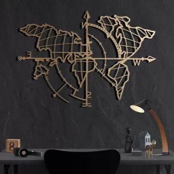 Decoratiune de perete, World Map Compass Gold, Metal, Dimensiune: 65 x 95 cm, Auriu imagine