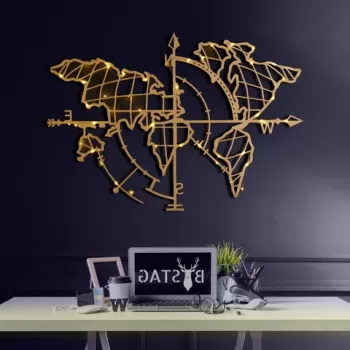 Decoratiune de perete, World Map Compass Led, Metal, Dimensiune: 65 x 95 cm, Auriu imagine