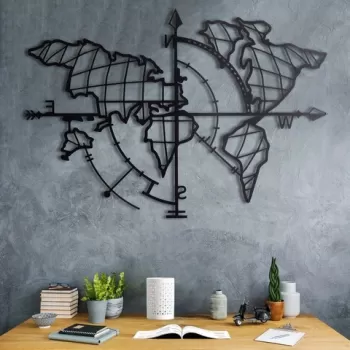 Decoratiune de perete, World Map Compass, Metal, Dimensiune: 65 x 95 cm, Negru imagine