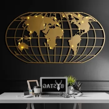 Decoratiune de perete, World Map Globe Led, Metal, Dimensiune: 60 x 120 cm, Auriu imagine