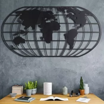 Decoratiune de perete, World Map Globe Led, Metal, Dimensiune: 60 x 120 cm, Negru imagine
