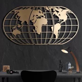Decoratiune de perete, World Map Globe, Metal, Dimensiune: 60 x 120 cm, Auriu imagine