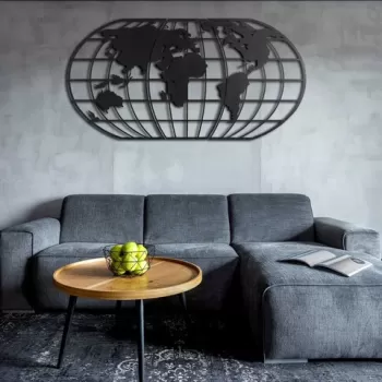 Decoratiune de perete, World Map Globe, Metal, Dimensiune: 60 x 120 cm, Negru imagine