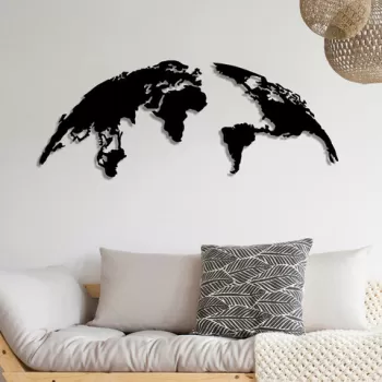 Decoratiune de perete, World Map Large, Metal, Dimensiune: 150 x 59 cm, Negru imagine