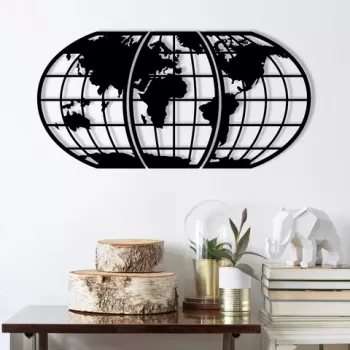 Decoratiune de perete, World Map Large Metal Wall Decor, Metal, Dimensiune: 116 x 58 cm, Negru imagine