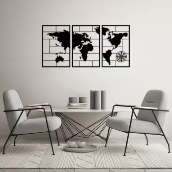 Decoratiune de perete, World Map, Metal, 50 x 75 cm, 3 piese, Negru imagine