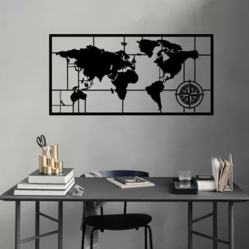 Decoratiune de perete, World Map Metal Decor 7, Metal, Dimensiune: 121 x 60 cm, Negru imagine