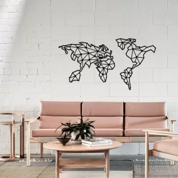 Decoratiune de perete, World Map, Metal, Dimensiune: 120 x 64 cm, Negru imagine