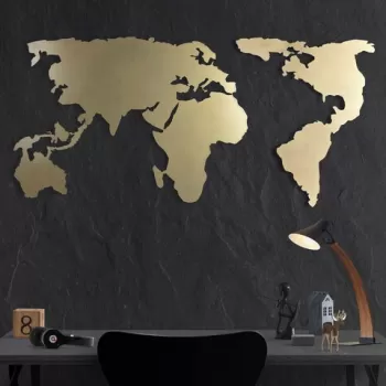 Decoratiune de perete, World Map Silhouette XL, Metal, Dimensiune: 85 x 170 cm, Auriu imagine