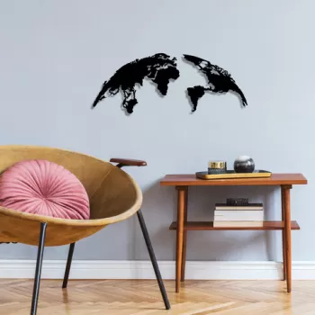 Decoratiune de perete, World Map Small, Metal, 100 x 39 cm, Negru imagine