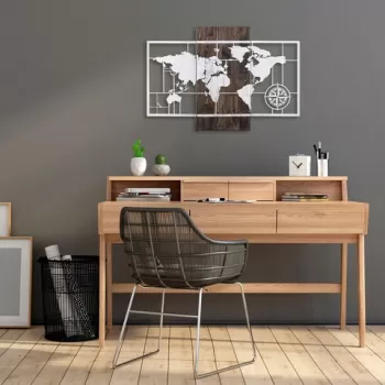 Decoratiune de perete, World Map W?th Compass, 50% lemn/50% metal, Dimensiune: 85 x 58 cm, Nuc / Argint imagine