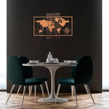 Decoratiune de perete, World Map W?th Compass, 50% lemn/50% metal, Dimensiune: 85 x 58 cm, Nuc / Cupru imagine