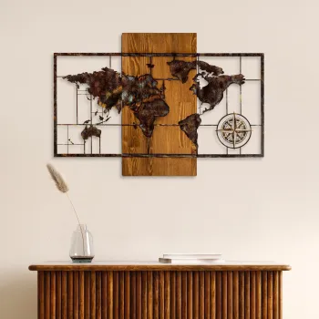 Decoratiune de perete, World Map With Compass 5, Dimensiuni: 58 x 85 cm, Nuc / Maro imagine