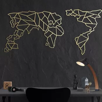 Decoratiune de perete, World Map XL, Metal, Dimensiune: 85 x 170 cm, Auriu imagine