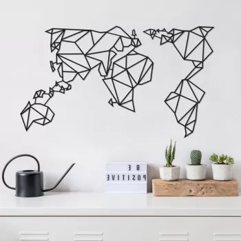 Decoratiune de perete, World Map2, Metal, 100 x 58 cm, Negru imagine
