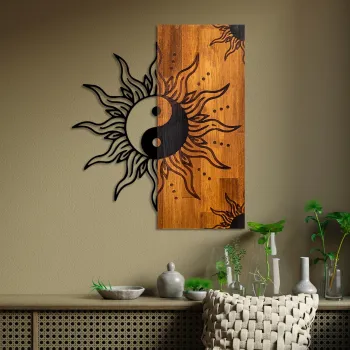 Decoratiune de perete, Yin Yang, Latime: 50 cm Inaltime: 58 cm Adancime: 3 cm, Nuc / Negru imagine