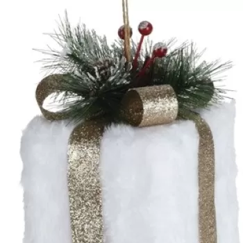 Decoratiune Gift box, 10x16 cm, poliester, alb/auriu imagine