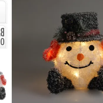 Decoratiune luminoasa cu 20 LED-uri Snowman w black hat v1, cu baterii, 33x30x35 cm, poliester, multicolor imagine