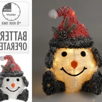 Decoratiune luminoasa cu 20 LED-uri Snowman w red hat v2, cu baterii, 30x33x40 cm, poliester, multicolor imagine