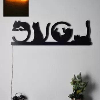 Decoratiune luminoasa LED, Cat Love, MDF, 60 LED-uri, Galben imagine