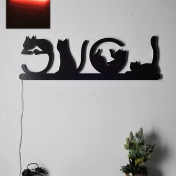 Decoratiune luminoasa LED, Cat Love, MDF, 60 LED-uri, Rosu imagine