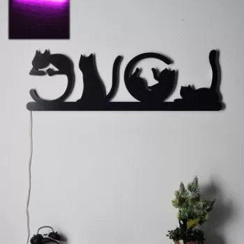 Decoratiune luminoasa LED, Cat Love, MDF, 60 LED-uri, Roz imagine
