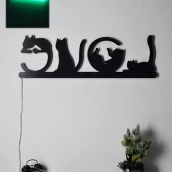 Decoratiune luminoasa LED, Cat Love, MDF, 60 LED-uri, Verde imagine
