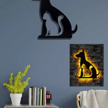 Decoratiune luminoasa LED, Cat n Dog, MDF, 60 LED-uri, Galben imagine