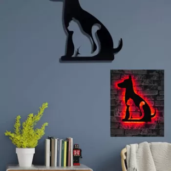 Decoratiune luminoasa LED, Cat n Dog, MDF, 60 LED-uri, Rosu imagine
