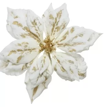 Decoratiune Poinsettia velvet, Decoris, 24x5 cm, poliester, alb/auriu imagine