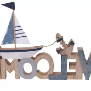 Decoratiune Welcome, 30x2x19 cm, lemn, albastru deschis imagine
