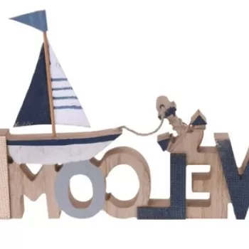 Decoratiune Welcome, 30x2x19 cm, lemn, albastru inchis imagine