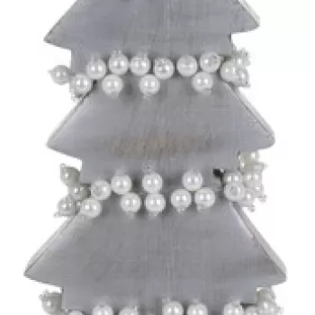 Decoratiune Xmas Tree w pearls , 13x6x31 cm, lemn de mango, alb/argintiu imagine