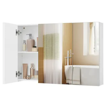 Dulap baie cu oglinda Vasagle, 3 usi si rafturi reglabile, 90x15x60 cm, PAL/sticla, alb imagine