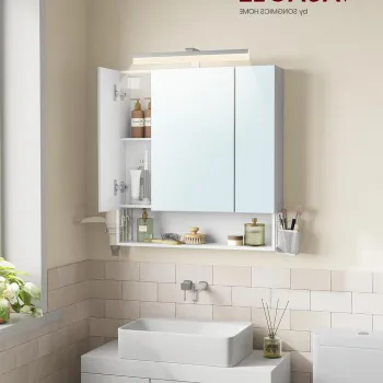 Dulap baie cu oglinda Vasagle, cu prize si USB, 70x16.5x75 cm, PAL/MDF/sticla, alb imagine