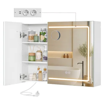 Dulap baie cu oglinda, Vasagle, iluminare LED, functie anti-aburire, prize, 80x16.5x75 cm, PAL/MDF, alb imagine