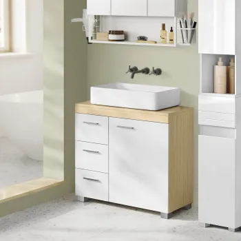 Dulap baie / masca chiuveta, Vasagle, 70x30x64 cm, MDF, max 90 kg, alb/natural imagine