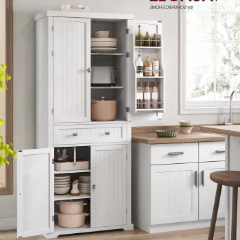 Dulap bucatarie, Vasagle, 2 corpuri, sertar si rafturi reglabile, 76x40x182.1 cm, MDF, alb imagine