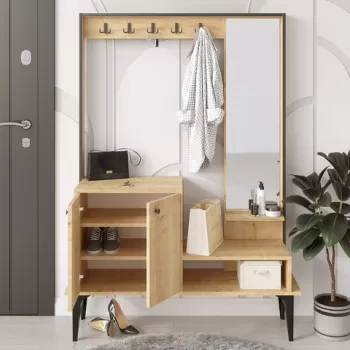 Dulap cu pantofar, cuier si oglinda Andy, Emerald, 114x35x170 cm, PAL, natural imagine