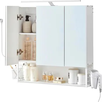 Dulap de baie cu oglinda si lampa LED, Vasagle, 70x16x70 cm, PAL/otel/sticla, alb imagine