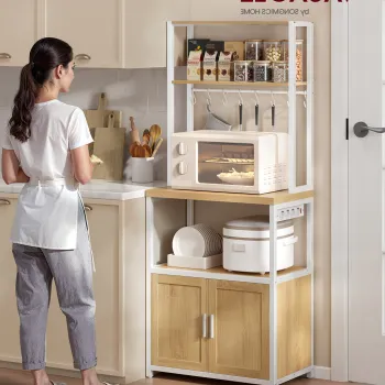 Dulap de bucatarie Coffee Bar, Vasagle, 60x40x170 cm, PAL/otel, alb/natural imagine