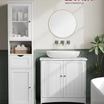 Dulap inalt si ingust pentru baie cu usa din sticla, Vasagle, 40x30x165 cm, PAL, alb imagine