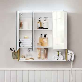 Dulap pentru baie cu oglinda si lampa LED, Vasagle, 70x16x70 cm, PAL/fier, alb/auriu imagine