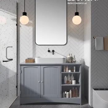 Dulap pentru baie / masca de lavoar Vasagle, cu raft deschis si dulap dublu, 90x30x60 cm, MDF, gri imagine