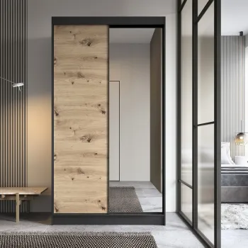 Dulap pentru haine cu oglinda ELTAP, Esville II, 120x60x220 cm, MDF/ABS, negru/stejar imagine