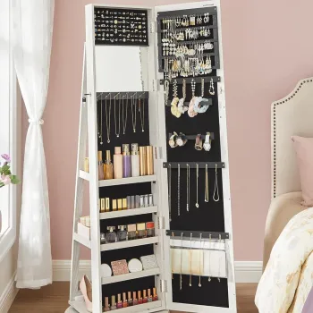 Dulap rotativ pentru bijuterii cu oglinda, Songmics, 55x161 cm, PAL/sticla, alb imagine