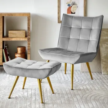 Fotoliu si suport pentru picioare Vinnis, Homla, 82x69x96, metal/catifea din poliester, gri imagine