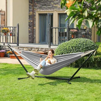Hamac cu suport, Songmics, 210x150 cm, 5 inaltimi reglabile, max 240 kg, negru/gri imagine