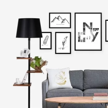 Lampadar cu 3 rafturi, Luin, 8270-4E27, 60 W, metal/lemn/textil imagine