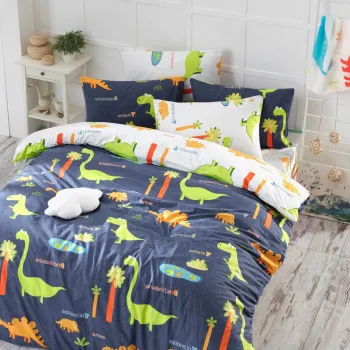 Lenjerie de pat dubla 3 piese, Dinolar - Dark Blue, EnLora Home, Bumbac Ranforce imagine